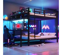 TOBIDOEN Lit superposé 140 x 200 cm Cadre en fer avec bureau et compartiment de rangement, composants fonctionnels, rampe de sécurité + échelle, métal + MDF, sans matelas, noir