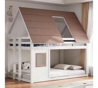 TOBIDOEN Lit superposé 140 x 200 cm en forme de maison avec toit et fenêtre, lit enfant avec échelle de sécurité enfant, pour 2 enfants, bois de pin + MDF, sans matelas ni toboggan, blanc + marron