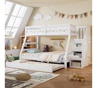 TOBIDOEN Lit superposé, 90/120 x 200 cm, avec lit gigogne 90 x 190 cm, lit pour enfant, adolescent, avec protection anti-chute, lit fonctionnel, avec escalier de rangement et main courante, trois