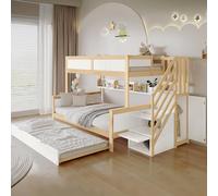 TOBIDOEN Lit superposé, 90/120 x 200 cm, avec lit gigogne 90 x 190 cm, pour enfant, adolescent, avec protection anti-chute et étagère, armoire sous l'escalier de rangement, trois jetés, blanc +