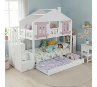 TOBIDOEN Lit superposé 90 x 200 cm pour enfant avec lit gigogne, armoire d'escalier et design de fenêtre, toit de maison, suspension de vêtements et garde-corps de sécurité, pin + MDF, blanc + rose