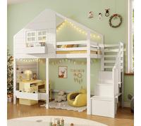 TOBIDOEN Lit superposé pour adolescent, 90 x 200 cm, multifonction, avec escalier de rangement, lit supérieur en forme de maison avec fenêtre, étagère murale, zone inférieure pour dormir/jeux, lit