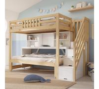 TOBIDOEN Lit superposé pour enfant 90 x 200 cm + 90 x 190 cm, blanc + chêne | bois, lit d'appoint extensible, bureau, armoire d'escalier et bibliothèque, lit multifonction peu encombrant