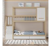 TOBIDOEN Lit superposé pour enfant 90 x 200 cm, lit double en bois massif, avec fenêtre et clôture de protection, équipé de tiroirs de rangement et d'escalier de rangement, anti-chute et sommier à
