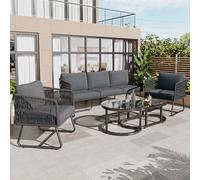 TOBIDOEN Lot de 5 meubles de jardin en corde - Structure en fer - Plateau en verre lisse - Pieds réglables - Avec tous les coussins d'assise et de dossier - Style rétro moderne (gris)