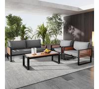 TOBIDOEN Salon de jardin pour 4 personnes, 4 pièces avec canapé 2 places, 2 chaises simples et 1 table, accoudoirs décoratifs en bois d'acacia, pieds réglables, pour jardin et terrasse