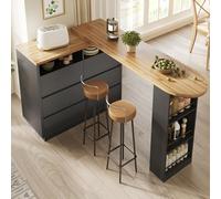 TOBIDOEN Table de bar extensible avec 6 tiroirs, îlot de cuisine mobile, protection anti-basculement + roulettes cachées, élégante pour salon, bureau à domicile, salle à manger (noir)