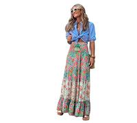 TOBILE Jupe Longue Patchwork Été Imprimé A-Line Jupe Florale Femme Plage Décontractée Femelle Femelle Boho Élastique-Army Green,s
