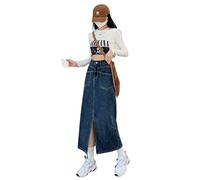 TOBILE Jupes Rétro Bleu Mi-Longue Jupe En Jean Femmes Printemps Et Été Nouveau Simple Street Style Poche Droite Split A-Line Jupe Femme