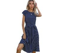 TOBILE Robe en mousseline de soie pour femme - Robe d'été à manches courtes - Imprimé à pois - Robe trapèze florale élégante - Taille haute - Robe midi décontractée - Bleu marine, XL