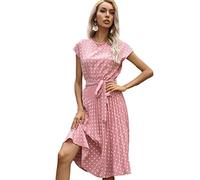 TOBILE Robe en mousseline de soie pour femmes, robe d'été de plage, manches courtes, imprimé à pois, Vestido, ligne A, floral, élégant, taille haute, plissé, robes midi décontractées, rose, M