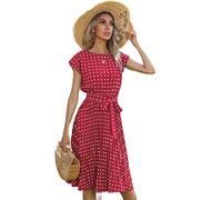 TOBILE Robe en mousseline de soie pour femmes, robe d'été de plage, manches courtes, imprimé à pois, Vestido, ligne A, floral, élégant, taille haute, plissé, robes midi décontractées - rouge vin, L