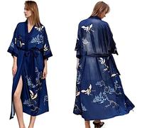 TOBILE Robe en satin pour femme - Chemise de nuit d'été - Lingerie imprimée à fleurs - Chemise de nuit à col en V - Kimono - Robe de nuit - Grue bleue - Taille unique