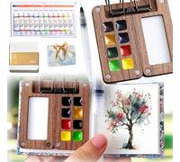 Tobios Ensemble d'aquarelle Tobios Mini kit d'aquarelle avec boîte de peinture en bois et palettes pinceau, stylo à croquis, pour artistes, peintres, étudiants (noyer, 8 grilles + 12 couleurs)