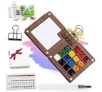 Tobios Pocket Watercolour Set, 2025 New Tobios Mini Watercolor Kit, 8/15 Colours Walnut Wood Painting Box, with Sketchbook,Water Brush & Clip, Ultra Compact Travel Set (A-15 grids+24 watercolors)