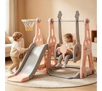 Toboggan 4 en 1 Enfant avec Panier de Basket, Balançoire Réglable 3 Hauteurs et Glissière Sécurisée, Aire de Jeux Multifonction Extérieur/Jardin Compacte 140x118cm | HDPE Résistant, Installation Facil