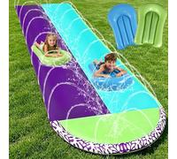Toboggan aquatique de jardin de 610 cm pour enfants, tapis antidérapant d'eau avec 2 planches de corps, double toboggan avec arroseur intégré, pour enfants et adultes, jouet aquatique d'été pour le