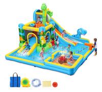 Toboggan Aquatique Gonflable avec Ventilateur pour Enfants de 3 Ans et Plus - Château Gonflable Toboggan Sec/Eau - Parc Aquatique Dinosaure avec 2 toboggans - Pataugeoire et Piscine