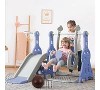Toboggan Enfant avec Balançoire,4 en 1 Toboggan Intérieur et Extérieur Enfant Aire de Jeux avec Balançoire Réglable en Hauteur,Escalier,Panier de Basket,Charge Max. 45 KG, Bleu