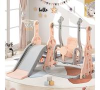 Toboggan Enfant avec Balançoire,4 en 1 Toboggan Intérieur et Extérieur Enfant Aire de Jeux avec Balançoire Réglable en Hauteur,Escalier,Panier de Basket,Charge Max. 45 KG, Rose