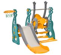 Toboggan Et Balançoire Pour Enfants 4 En 1 Avec Panier De Basket, Siège Réglable, 152x149x107cm, Bleu Et Jaune