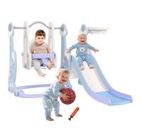 AIYAPLAY Toboggan et balançoire pour Enfants 4 en 1, Aire de Jeux Tout-Petits avec Panier de Basket, Toboggan, balançoire et échelle, pour Enfants de 1,5 à 4 Ans, thème fusée, Bleu Clair