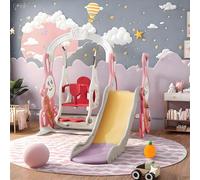 Toboggan Exterieur Enfant 4 en 1, Balançoire Bebe avec Cadre d'escalade, Panier de Basket, Toboggan, Aire de Jeux pour Enfants 3-6 Ans, Rose