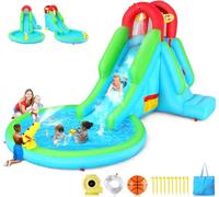 Toboggan gonflable pour enfants, parc aquatique 5 en 1 avec toboggan pour humide et sec, toboggans aquatiques gonflables de 3 x 2,5 x 2,1 m avec canon à eau, mur d'escalade et piscine