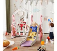 Toboggan pour Enfant 4 en 1,Glissière pour L'apparence du Lapin,Ensemble Balançoire et Toboggan pour Enfants,avec Balançoire,Glissière,Support de Basket - Ball, Rose