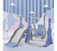 Toboggan pour Enfant 4 en 1, toboggans extérieur et intérieur, avec Panier de Basket, Basket, Balançoire, Toboggan et Échelle d'escalade, Aire de Jeux intérieure et extérieure (Bleu-2)
