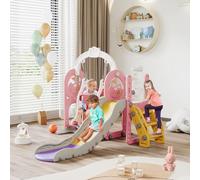 Toboggan pour Enfant 6 en 1,Toboggan pour L'apparence du Bateau Pirate,Ensemble Balançoire et Glissière pour Enfants,avec Balançoire, Télescope, Glissière, Basketball Rack, Rose