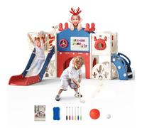 Toboggan pour enfant, extra long, toboggan autoportant, avec panier de basket, échafaudage d'escalade, kit de jeu Montessori pour bébé - Pour l'intérieur et l'extérieur (7 en 1, bleu-rouge)