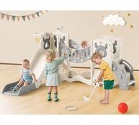 Toboggan pour enfant, grand toboggan avec panier de basket, cadre d'escalade pour le jardin, télescopique, espace de rangement, pour 1 à 3 ans, extra long 1700 mm (modèle Elk Slide-Active 7 en 1 (gris