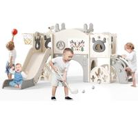 Toboggan pour enfant, grand toboggan avec panier de basket, cadre d'escalade pour le jardin, télescopique, espace de rangement (toboggan d'élan 7 en 1 - beige gris)