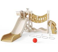 Toboggan pour enfant, grand toboggan pour tout-petit avec panier de basket, cadre d'escalade pour le jardin, telescope, espace de rangement, pour 1 à 3 ans, extra long 1700 mm (version six-en-un, élan