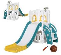 Toboggan pour enfant multifonction - télescope, panier basketball, espace rangement - HDPE blanc vert turquoise Blanc G