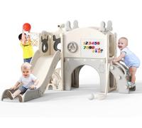 Toboggan pour Enfants 10 en 1 en Forme d'élan avec Panier de Basket, Golf, télescope, Structure d'escalade,Toboggan d'intérieur pour Enfants,Jouets d'aire de Jeux Montessori(Beige-Gris)