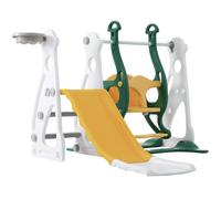 Toboggan pour enfants 4-en-1 avec balançoire, escalier et panier de basket, réglable en hauteur, 113×100×94,5 cm, Vert Antique