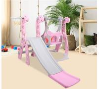 toboggan pour enfants 4 en 1 Girafes avec support de basket et jeu de balançoire - Set de jeu multifonctionnel pour l'intérieur et l'extérieur en rose