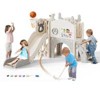 Toboggan pour Enfants 6 en 1, Ensemble de Toboggan pour Tout-Petits d'intérieur et d'extérieur avec Ensemble de Golf, Planche à Dessin, Toboggan et Panier de Basket-Ball, télescope (WPX-11-Beige)