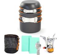 Toboli Set de vaisselle Camping 6 pièces, en Acier/Aluminium, Équipement de cuisine plein air avec Réchaud, Casserole, Poêle, Cuichette, Sac et Chiffons