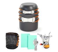 Toboli Set de Vaisselle Camping 6 pièces, en Acier/Aluminium, Équipement de Cuisine Plein air avec Réchaud, Casserole, Poêle, Cuichette, Sac et Chiffons