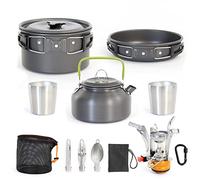 Toboli Set de Vaisselle Camping, en Acier/Aluminium, Équipement de Cuisine Plein air avec Réchaud, Casserole, Poêle, Bouilloire électrique, Couvert, Tasses et Sacs