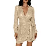 Tobysper Robe à paillettes pour femme - Col en V - Robe de cocktail - Ligne A - Avec ceinture - Robe de soirée pour mariage, fête, bal de fin d'année, à manches longues - Élégante robe du Nouvel An