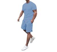 Tobysper Survêtement d'été pour homme - Léger - En maille - Manches courtes - Pour les loisirs - Confortable - Respirant - Deux pièces - Survêtement de sport en plein air, bleu ciel, 3XL