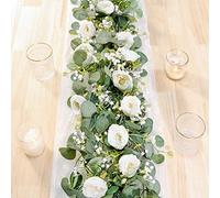 TOCHGREEN Lot de 2 guirlandes de Fleurs d'eucalyptus artificielles de 4 m avec Roses Blanches, guirlandes de Verdure et de gypsophile pour décoration de Mariage, Maison, fête, Chemin de Table (2
