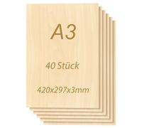 Tocome Lot de 40 contreplaqué A3 en tilleul, 420 x 297 x 3 mm, compatible laser, panneaux de tilleul, contreplaqué laser, 3 mm, contreplaqué de tilleul
