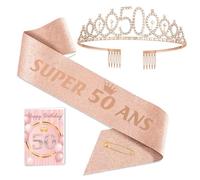 Toctax Couronne et Écharpe 50 Ans avec Carte - Cadeau Anniversaire Femme, Accessoires Déco pour Fêter les 50 Ans - Idéal Cadeau pour un 50e Anniversaire