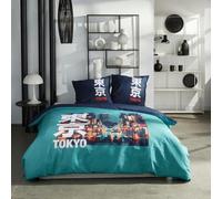 Today Parure de lit 2 Personnes 220x240cm + 2 taies oreillers 63x63 cm imprimée Java 1,11, Tokyo Bleu et Rouge