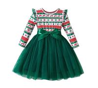 Toddler Baby Girls Christmas Dress Kids Ruffle Long Sleeves Tulle Tutu Dresses Bow Princess Dress Xmas Holiday Clothing Casual Festival Christmas Outfits (Green, 5-6 Years) a364